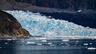 A blue-white tidewater glacier terminus meets dark seawater in Glacier Bay, Alaska, its crevassed ice front running between steep scree slopes and bare rock walls, with small pieces of floating ice scattered across the water in the foreground.