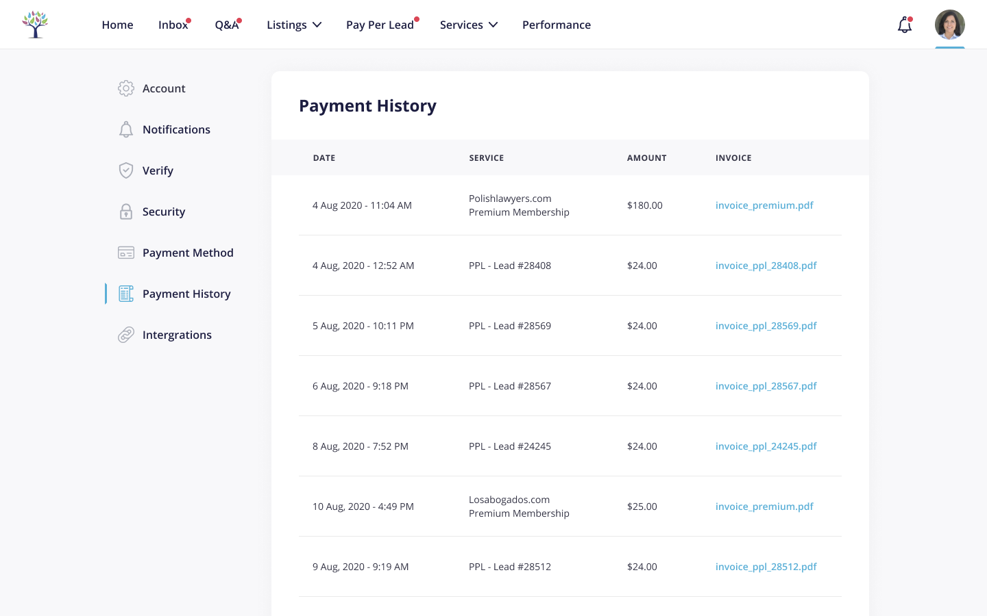 Dashboard - Payment History